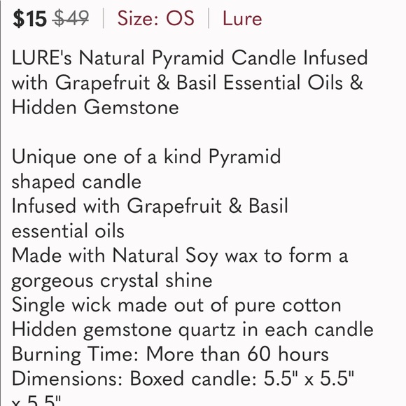 HANDmade Lure's Pyramid Candle Infused w/Grapefruit & Basil Essential Oil & Gem - Picture 2 of 6